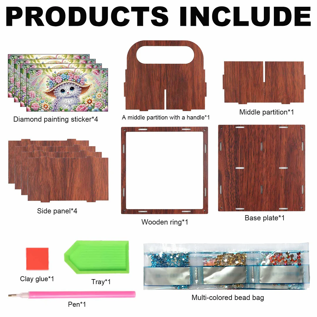DIY Cat Wooden Diamond Painting Handheld Storage Box Kit Tabletop Art Decor
