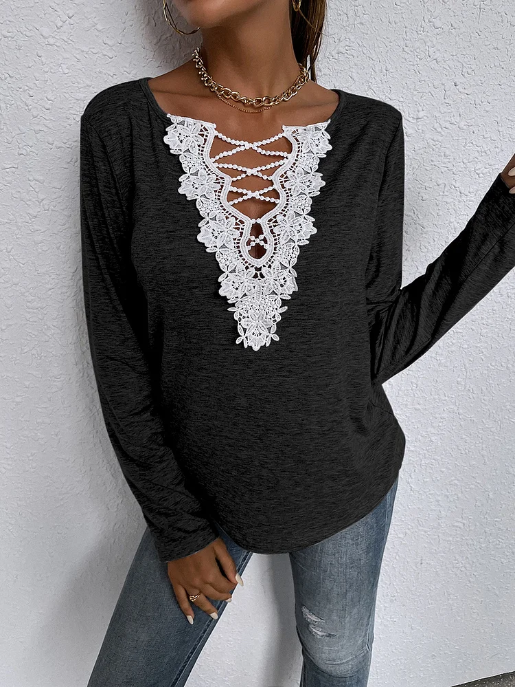 Women Fall T-Shirt Casual Lace Hollow Out V Neck Long Sleeve Tee Top