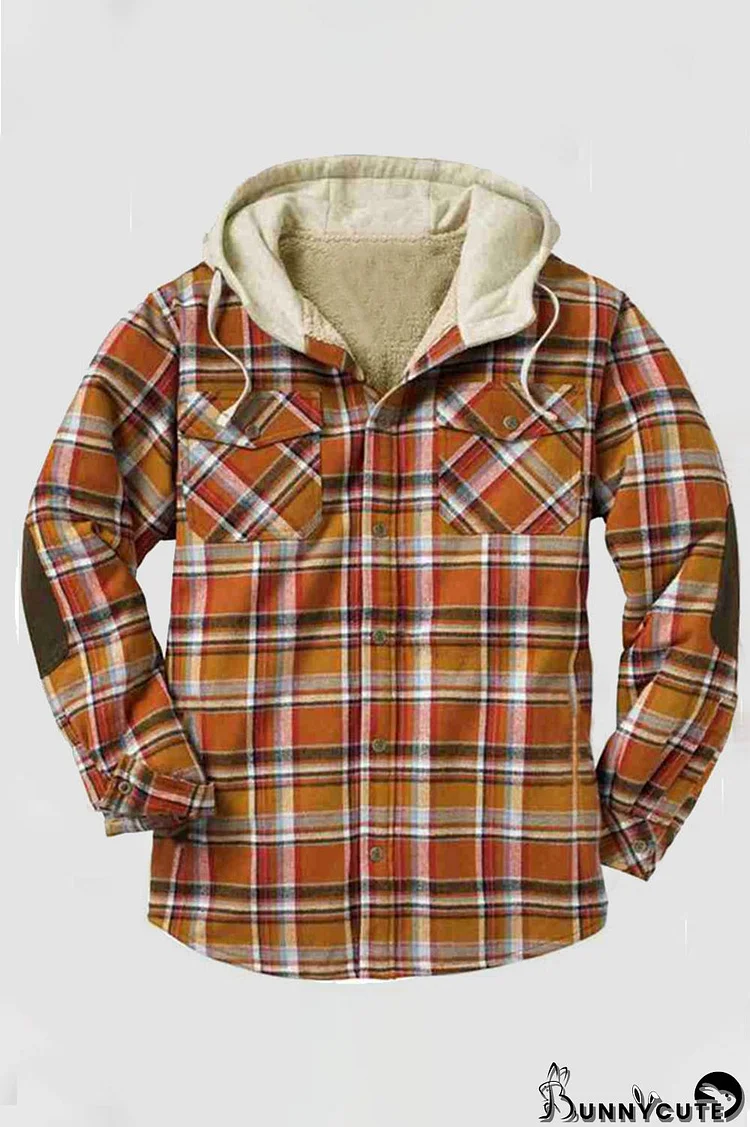 Orange Casual Plaid Print Split Joint Buckle Hooded Collar Outerwear