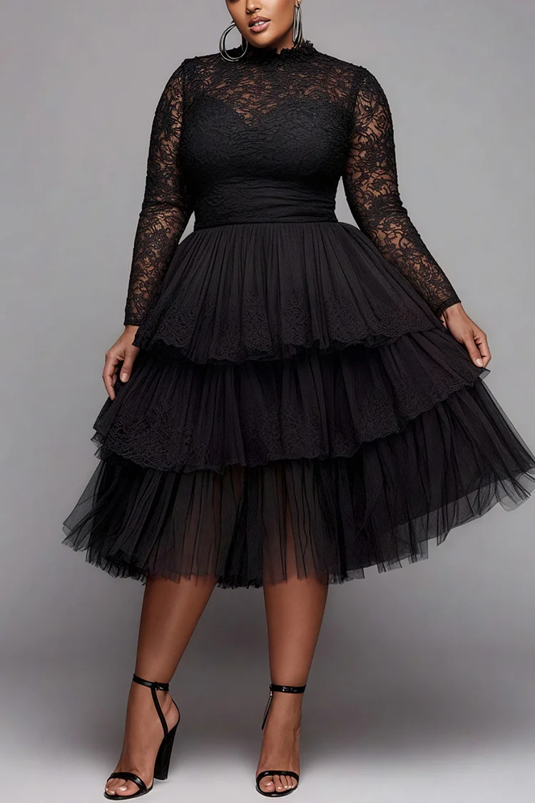 Xpluswear Design Plus Size Formal Black Round Neck Long Sleeve Tiered Elegant Ruffle Lace Midi Dresses [Pre-Order]