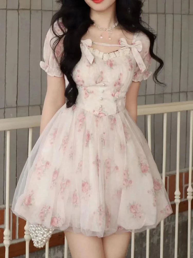 Aiertu Women Elegant Floral Print Casual Mini Dress Vintage Chic A-Line Slim Party Birthday Clothes Female Robe Vestidos Spring Summer Aiertu