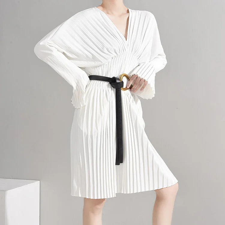 Elegant White V Neck Pleated Long Sleeve Shirt Dress