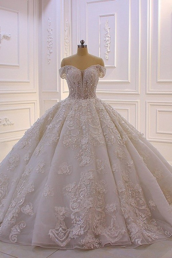 Romantic Off-the-Shoulder Backless Sweetheart Wedding Dress With Tulle Appliques Lace Ruffles | Ballbellas Ballbellas
