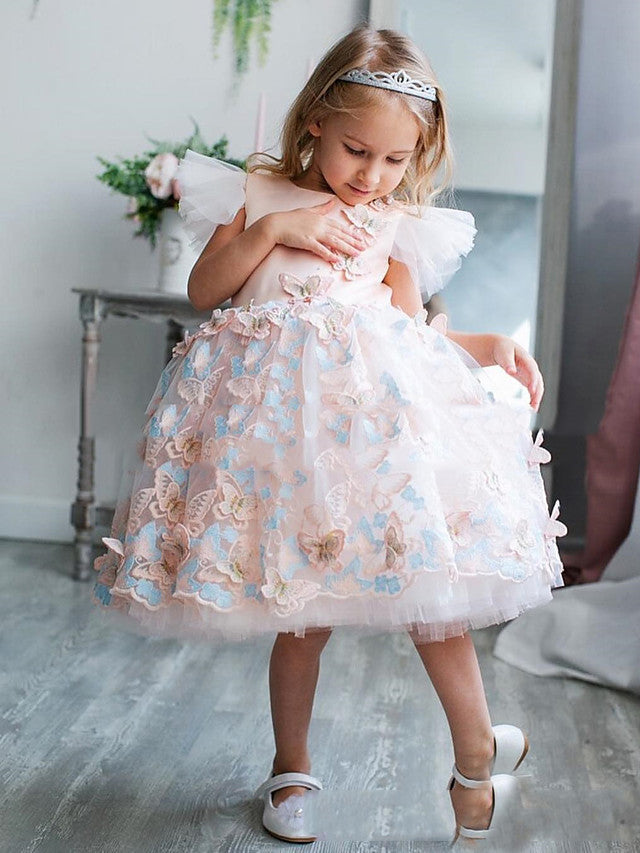 Oknass  A-Line Short Sleeve Jewel Neck Flower Girl Dresses Satin  With Bow Appliques Splicing