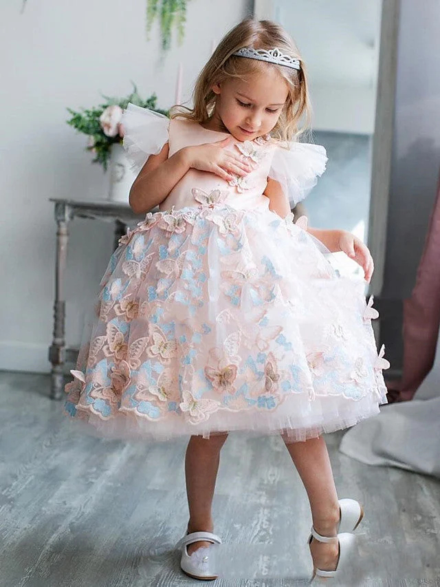 Daisda  A-Line Short Sleeve Jewel Neck Flower Girl Dresses Satin  With Bow Appliques Splicing