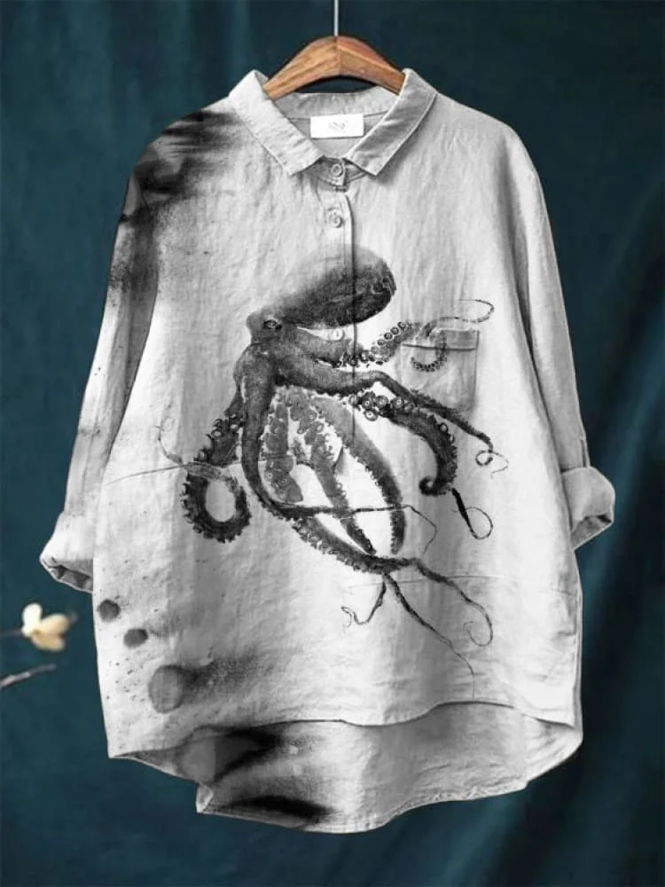 Vintage Japanese Octopus Pattern Art Print Casual Cotton And Linen Shirt