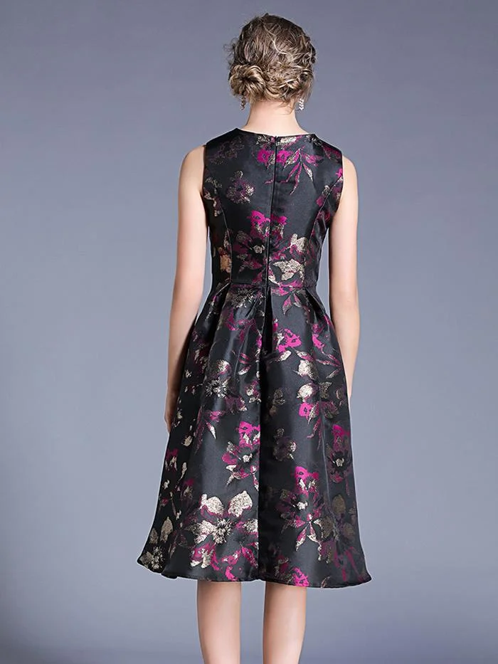 Temperament waist-waisted color sleeveless vest jacquard dress