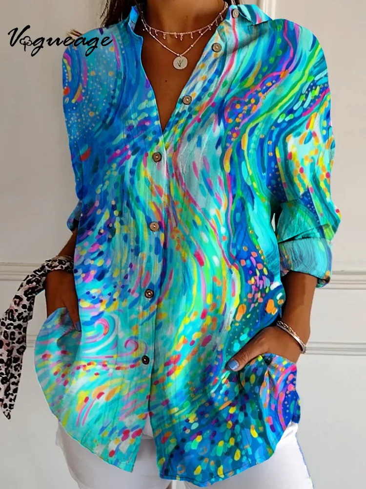 Casual Colorful Watercolor Color Lines Ripples Long Sleeves Printed Cotton And Linen Shirt