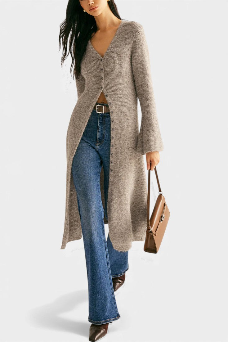 V-Neck Longline Cardigan with Front Slit