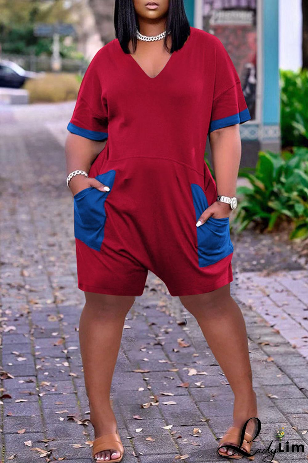 Blue Casual Solid Split Joint Pocket V Neck Plus Size Jumpsuits