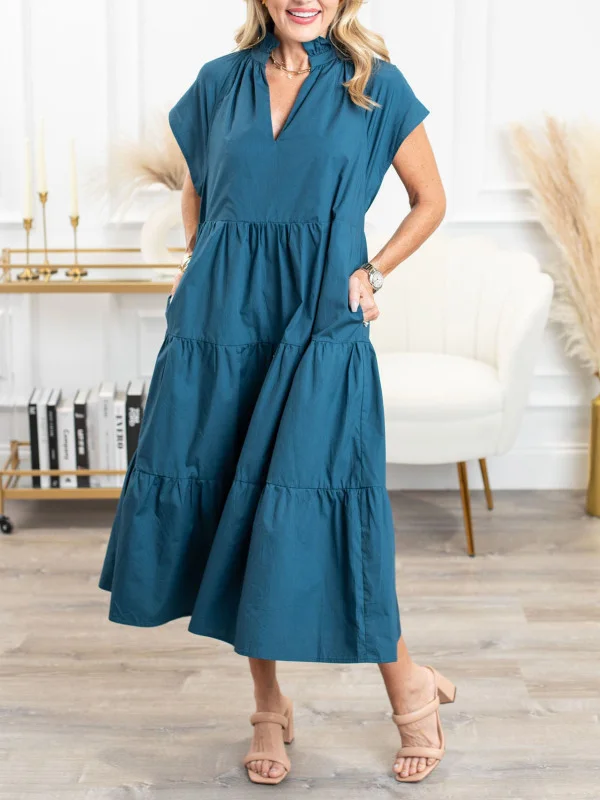 Ruffle V-Neck Solid Maxi Dress