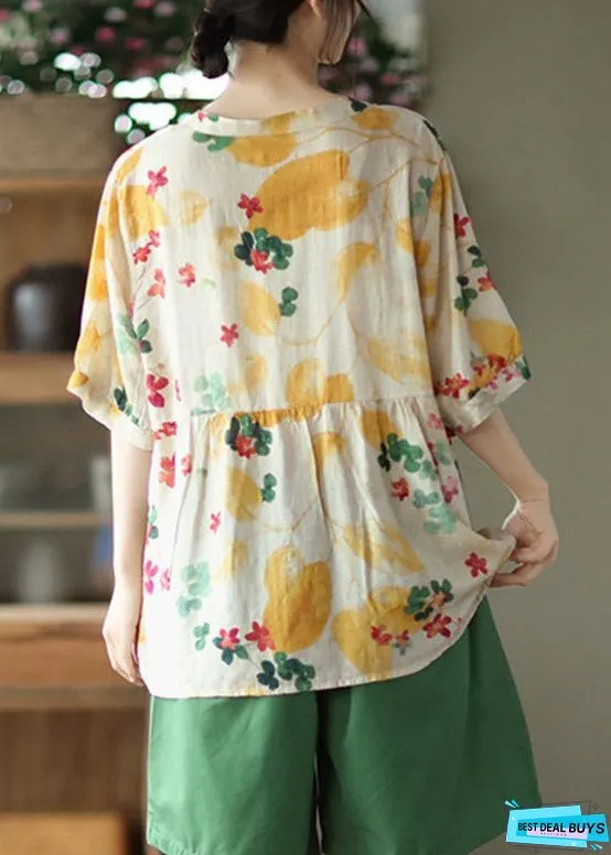 Simple Yellow V Neck Print Cotton Top Half Sleeve