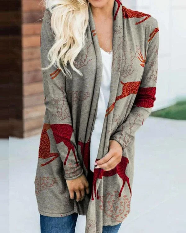 Christmas Elk Print Casual Cardigan