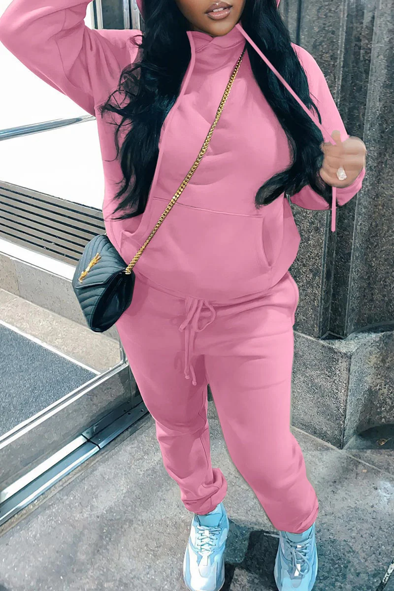 Pink Casual Solid Patchwork Hooded Collar Long Sleeve Two Pieces | EGEMISS