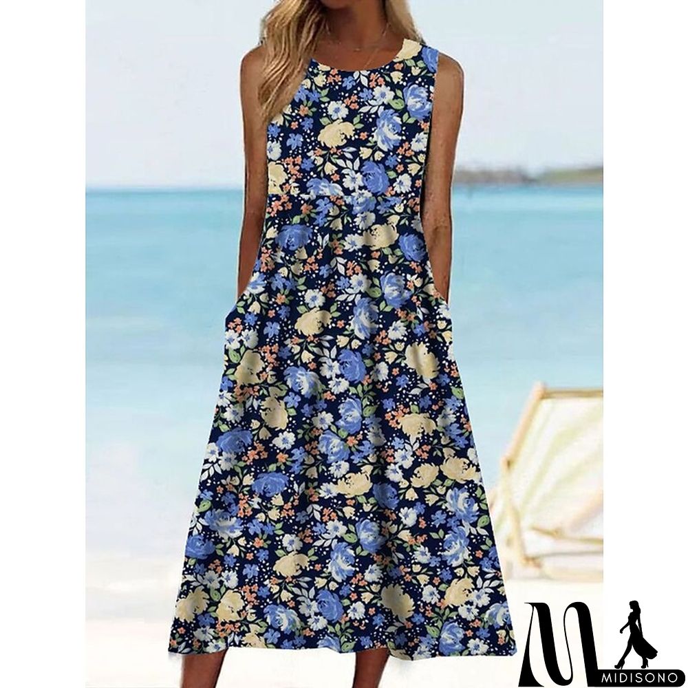MidiSono - Women's Casual Dress Tank Dress Floral Dress Floral Pocket Print Crew Neck Midi Dress Fashion Modern Daily Holiday Sleeveless Regular Fit Blue Summer Spring S M L XL XXL