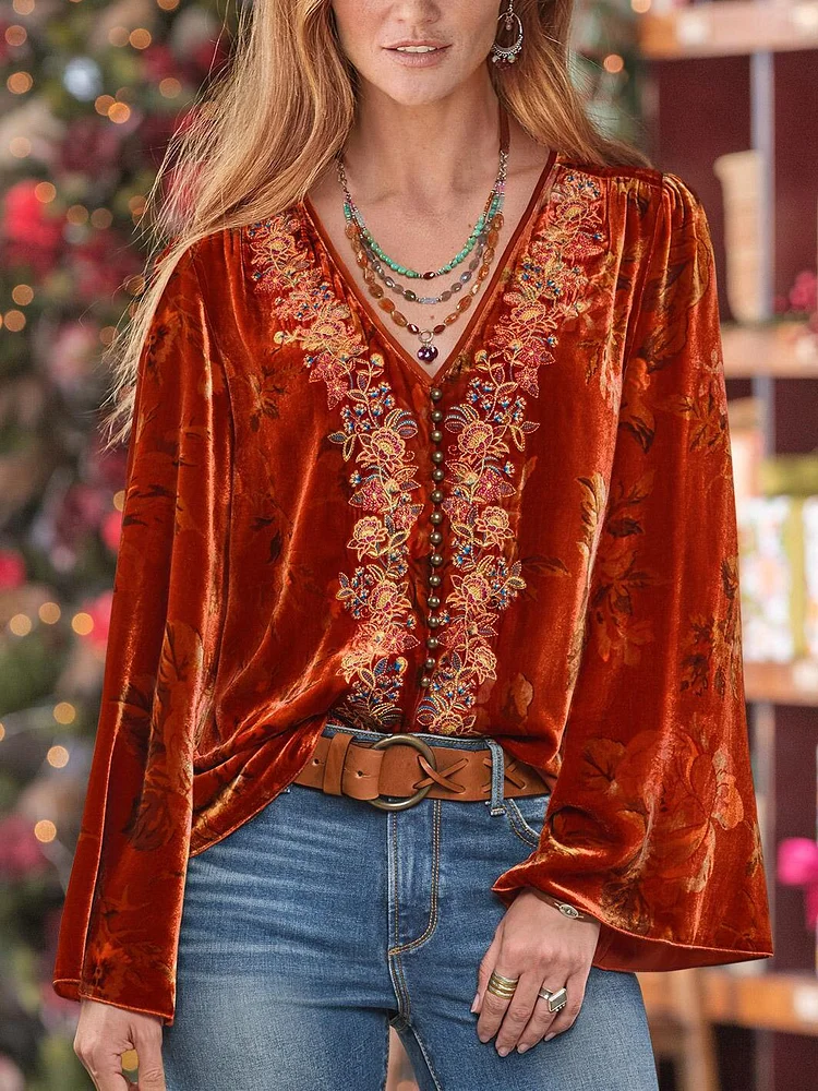 Women Retro Velvet Flower Print V-neck Tops