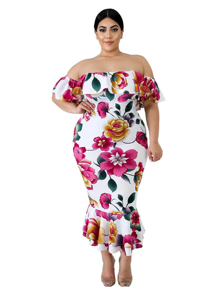 Plus Size Dress Slash Neck Floral  Maxi Long Dress