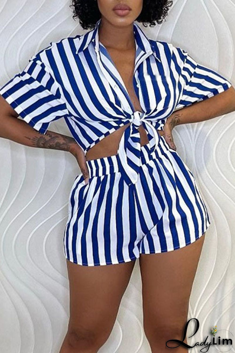 Green Casual Striped Print Patchwork Buckle Turndown Collar Short Sleeve Two Pieces