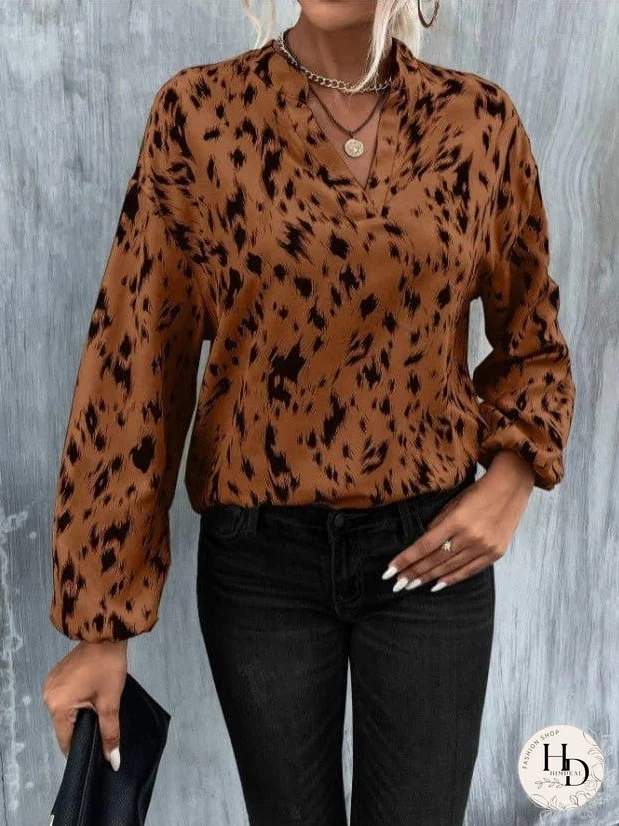 Women's V-Neck Printed Long Sleeve Blouse