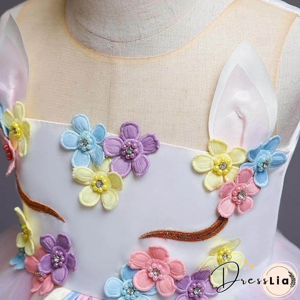 Summer Kids Girl Layered Tulle Unicorn Outfits Dress Headband for Carnival Halloween