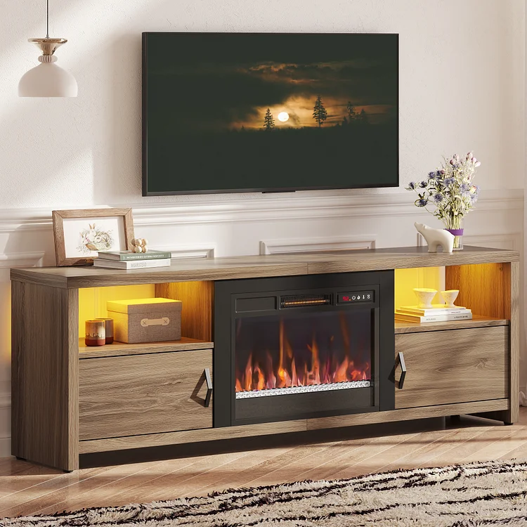 Bestier LED Electric Fireplace TV Stand with Crystal Fireplace & 7 Flame Colors for TVs up to 80",Pinewood