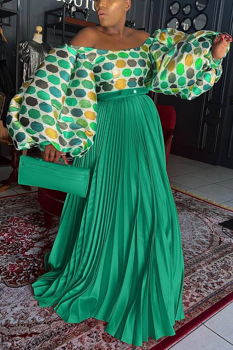 Xpluswear Plus Size Green Special Occasion Off Shoulder Puff Sleeve Pleated Skirt Sets [Pre-Order]