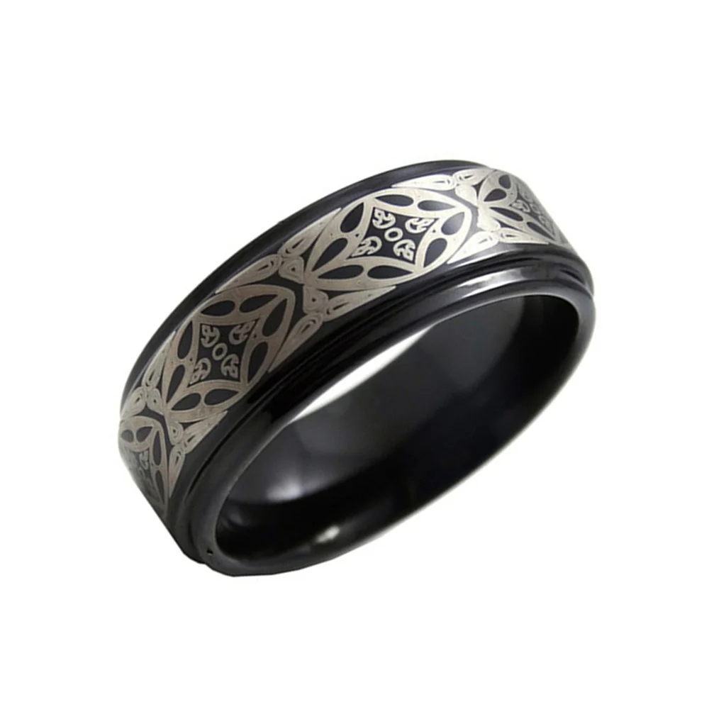 6MM 8MM Mens Black Tungsten Carbide Rings Laser Patern Polished Step Edges