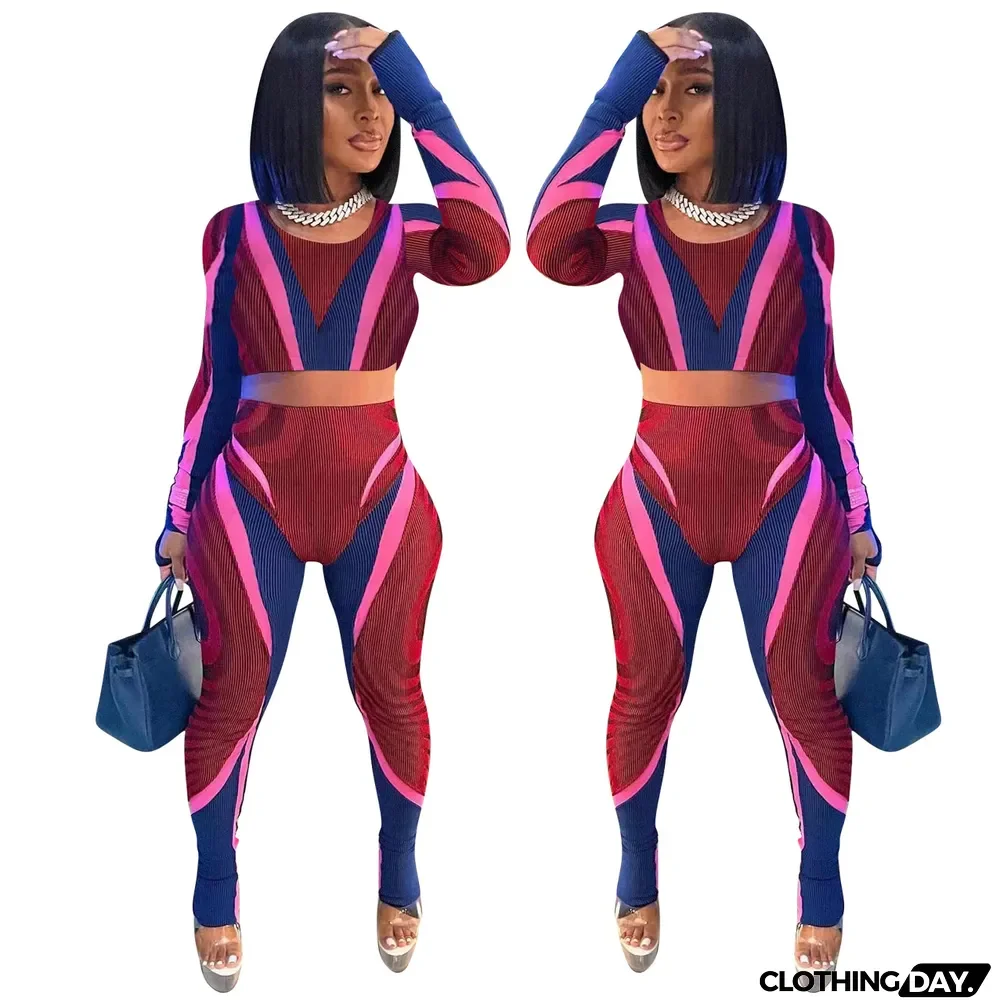 Womens Fashion Casual Print Open Waist Two Piece Pants Set