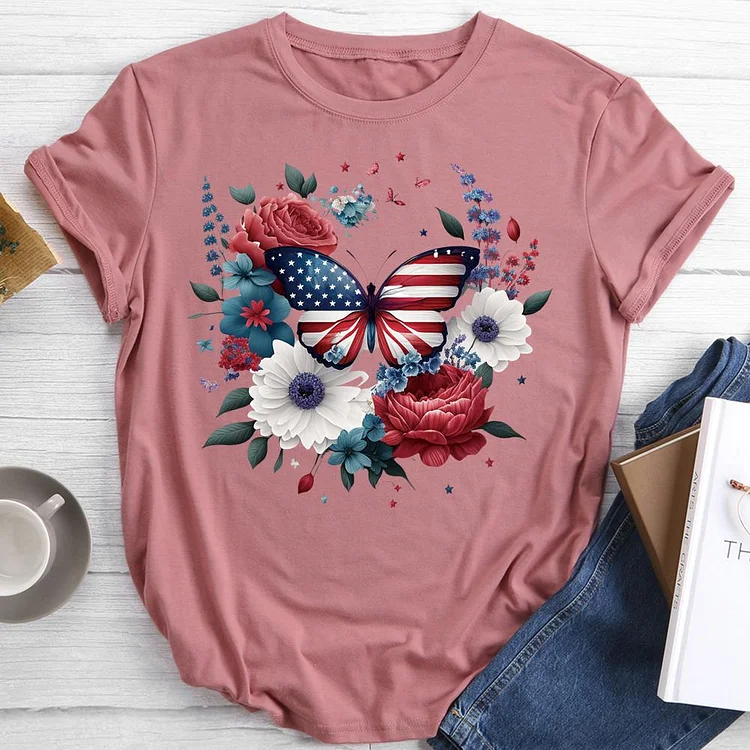 American Flag Flower Butterfly Round Neck T-shirt-0019286