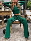 Fashion Solid Color Round-Neck Long Sleeves Shirts+ Wide Leg Elastics Drawstring Pants Two Pieces Set