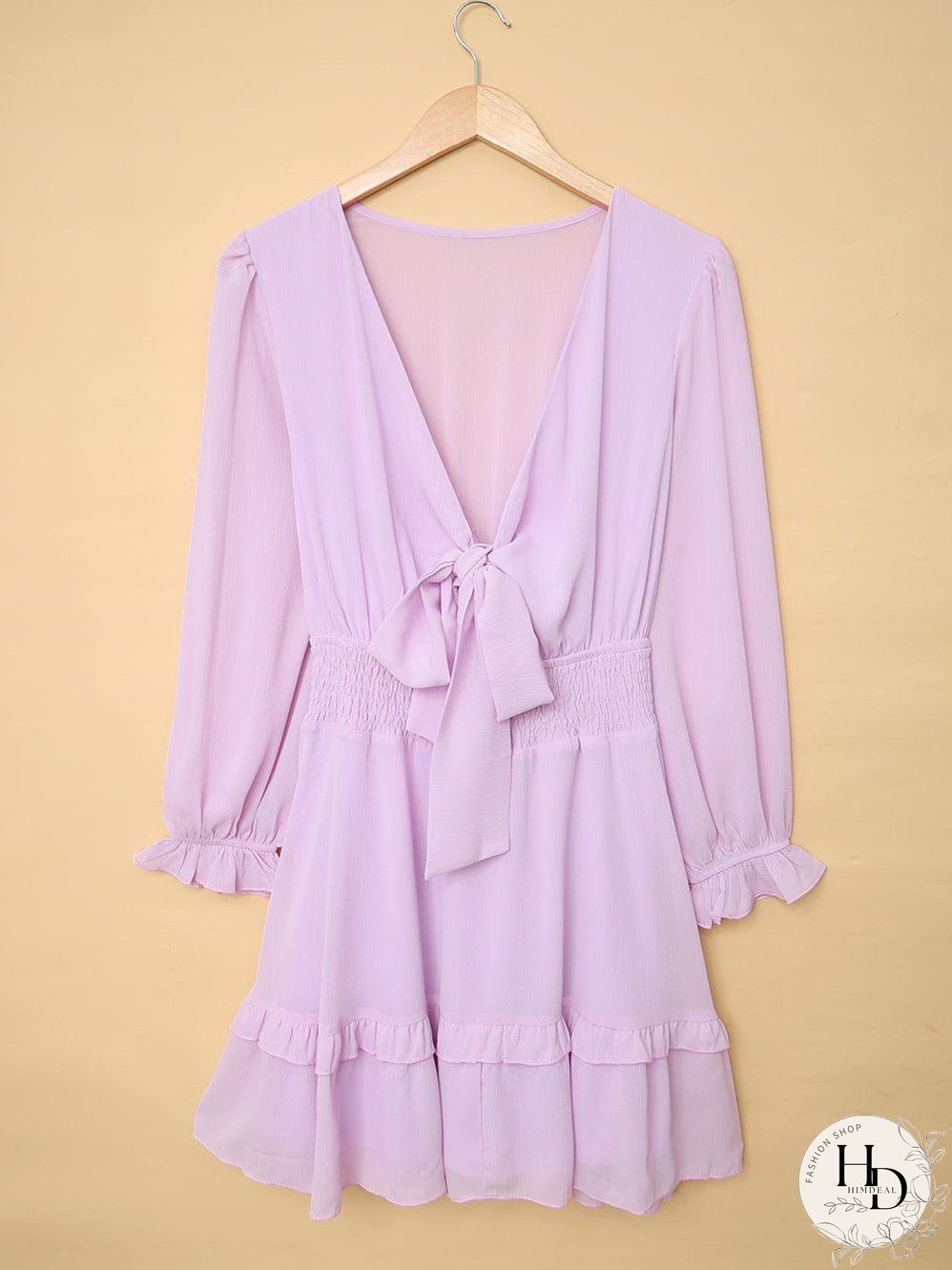 Lantern Sleeve Knotted Tiered Mini Dress with Deep V Neck