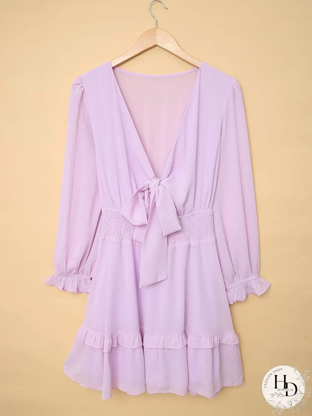 Lantern Sleeve Knotted Tiered Mini Dress with Deep V Neck