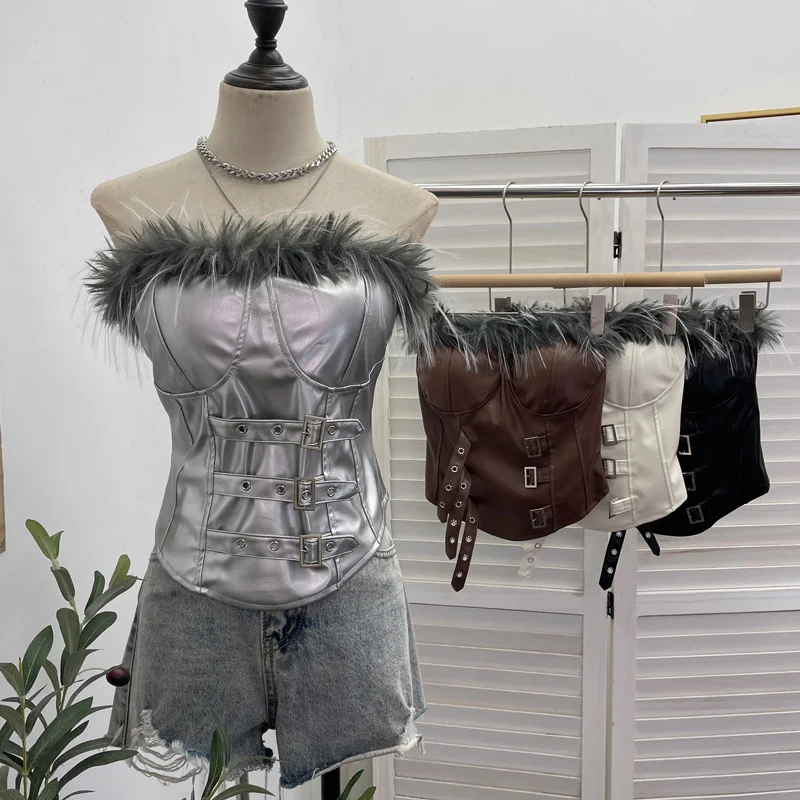 Nigikala Nigikala Shooting Retro Pu Skin Spliced Hair Bra Bra Strap Chest Punk Hottie Skin Buckle Waist Short Top 2781