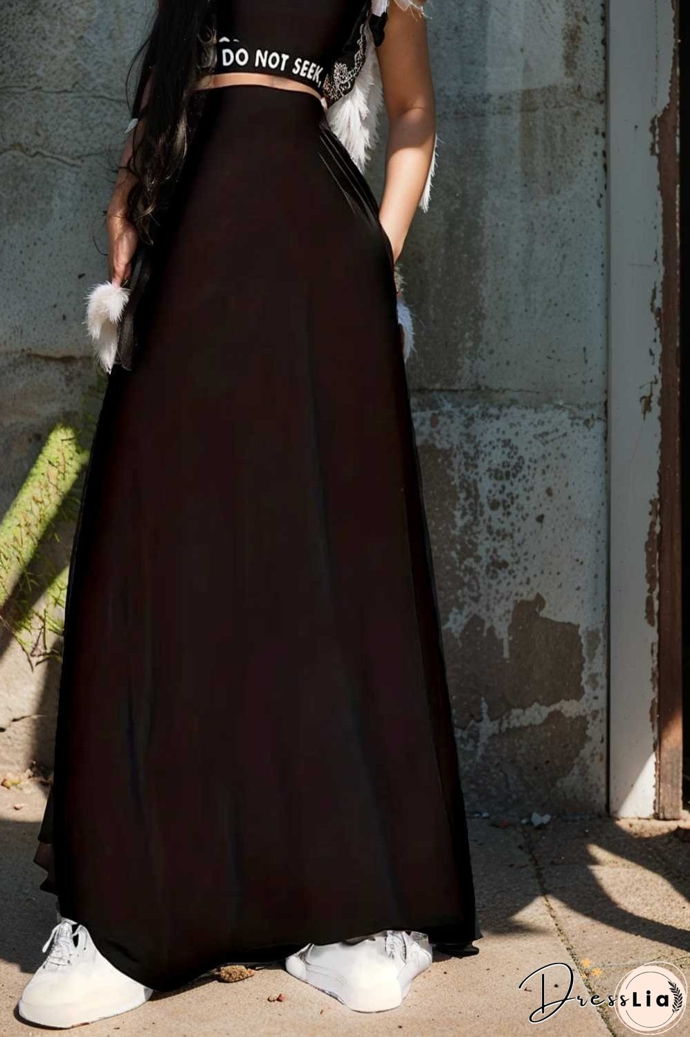 casual pleated pockets high waist loose maxi dress