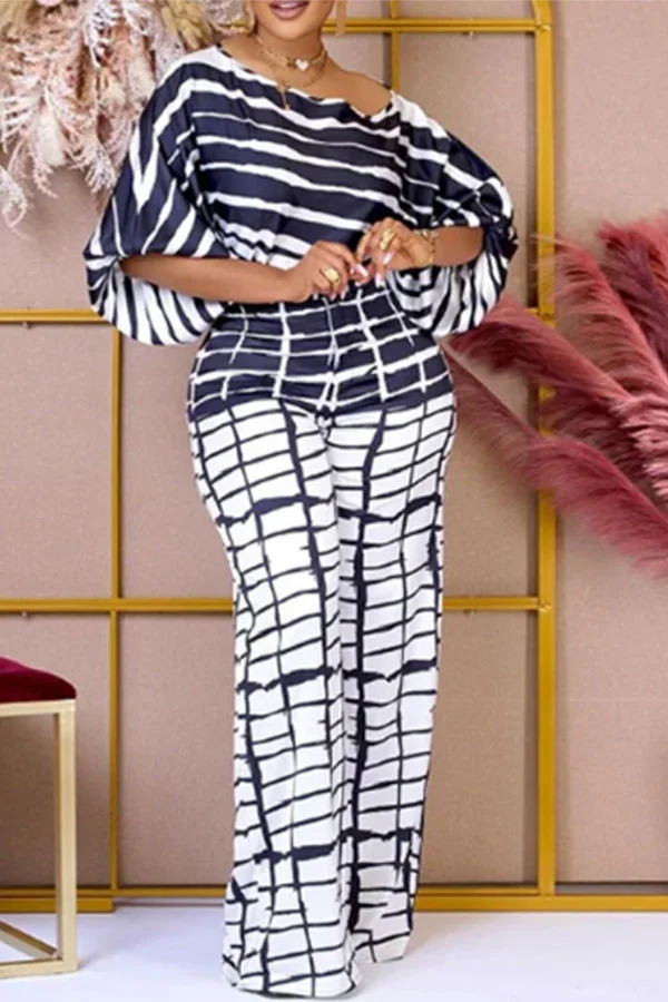 Striped Puff Sleeve Laid Back Wide Leg Pant Suit