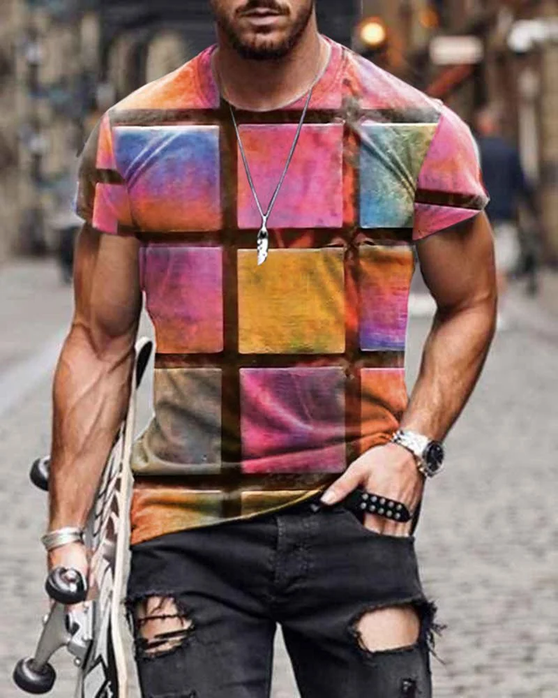 Men's Color Plaid T-Shirt Printed Round Neck