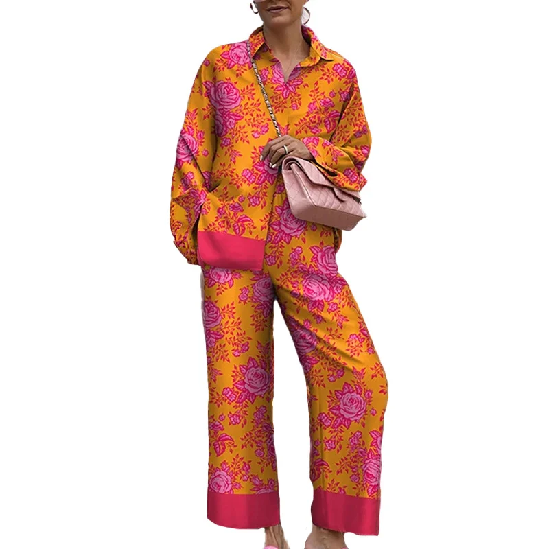 Brownm Brownm 2024 New Women's Temperament Commuter Loose Print Long Sleeve Wide-Leg Pants Fashion Suit Women