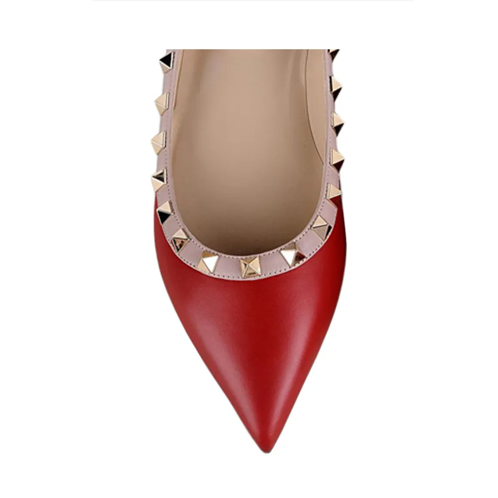 Pointed Toe Flats For Women Fashion Rivets Comfort Ballet Red Matte Flats Shoes-vocosishoes
