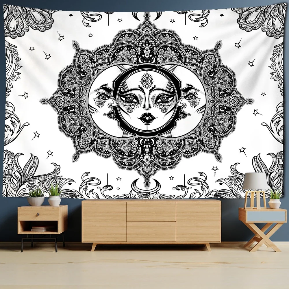 White Black Colorful Sun Moon Mandala Tapestry Wall Hanging Celestial Wall Tapestry Hippie Wall Carpets Dorm Decor Wall Tapestr