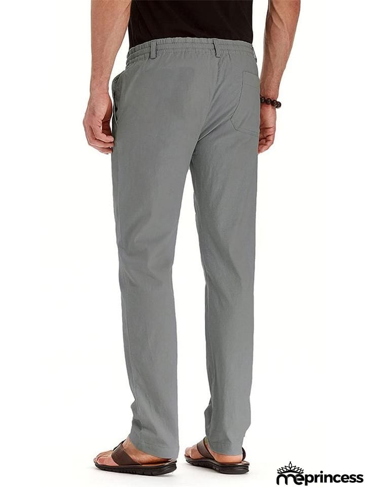 Men's Elastic Drawstring Waistband Casual Straight Cotton Pants