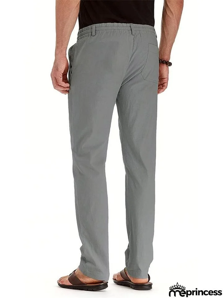 Men's Elastic Drawstring Waistband Casual Straight Cotton Pants