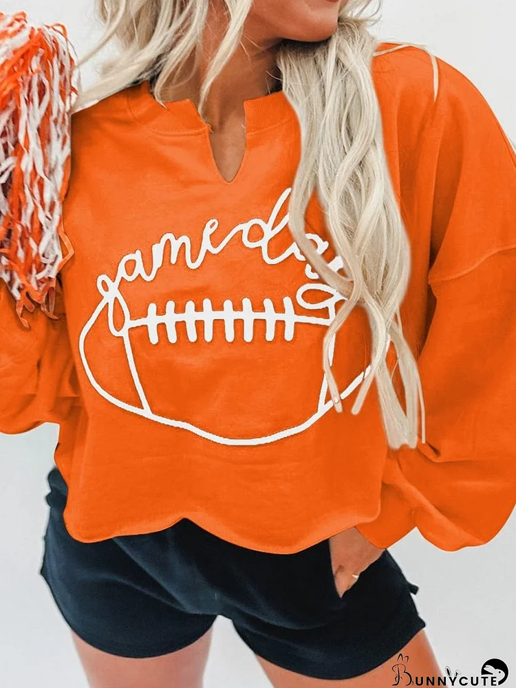 Rugby Game Day Notched Neck Sweatshirt with Orange Lettering