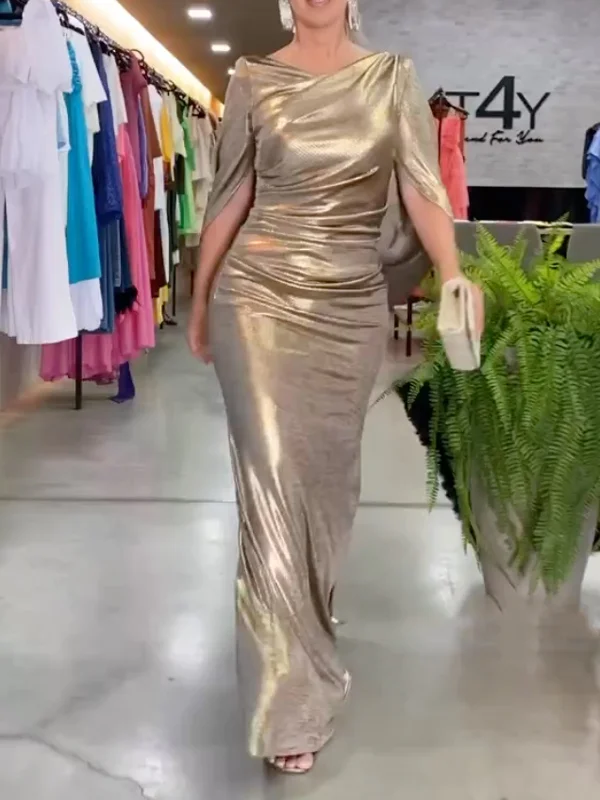 Metallic Solid Color Short Sleeves Round-Neck Maxi Dresses