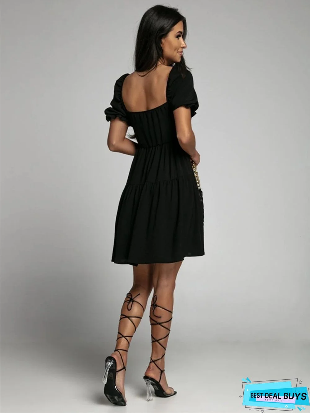 Straight Neckline Waist Open Back Solid Color Sweet Dress