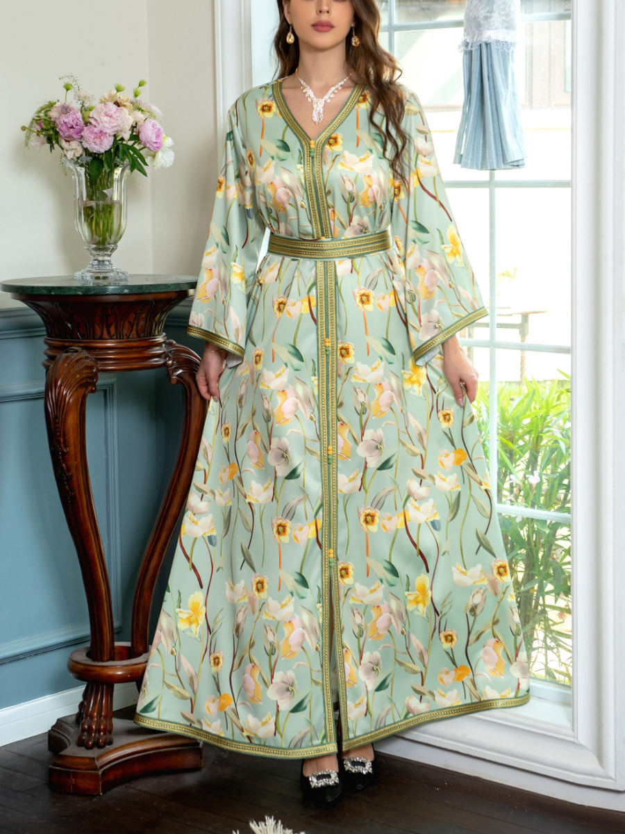 Eleagnt Floral Print Long Sleeve V Neck Kaftan Dress | Oxredo Shop Ramadan Sale