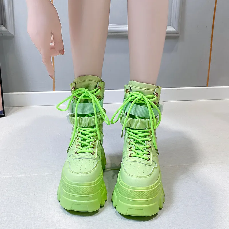 Green Punk Chunky Platform Motorcycle Boots Women Autumn Winter Gothic Shoes Woman Thick Bottom Lace Up Ankle Botas Mujer
