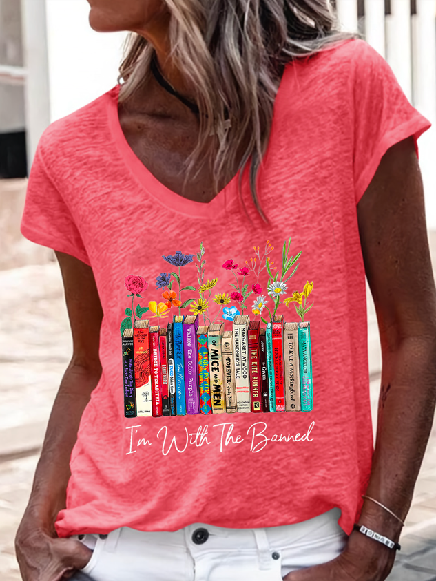 Women's I'm With The Banned Flowers Book Lover Gift Regular Fit V Neck Floral Casual T-Shirt socialshop