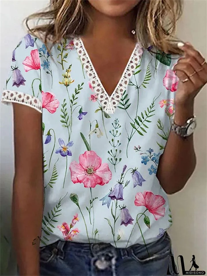 MidiSono - Ladies Fashion V-neck Lace Trim Floral Print Summer T-shirt