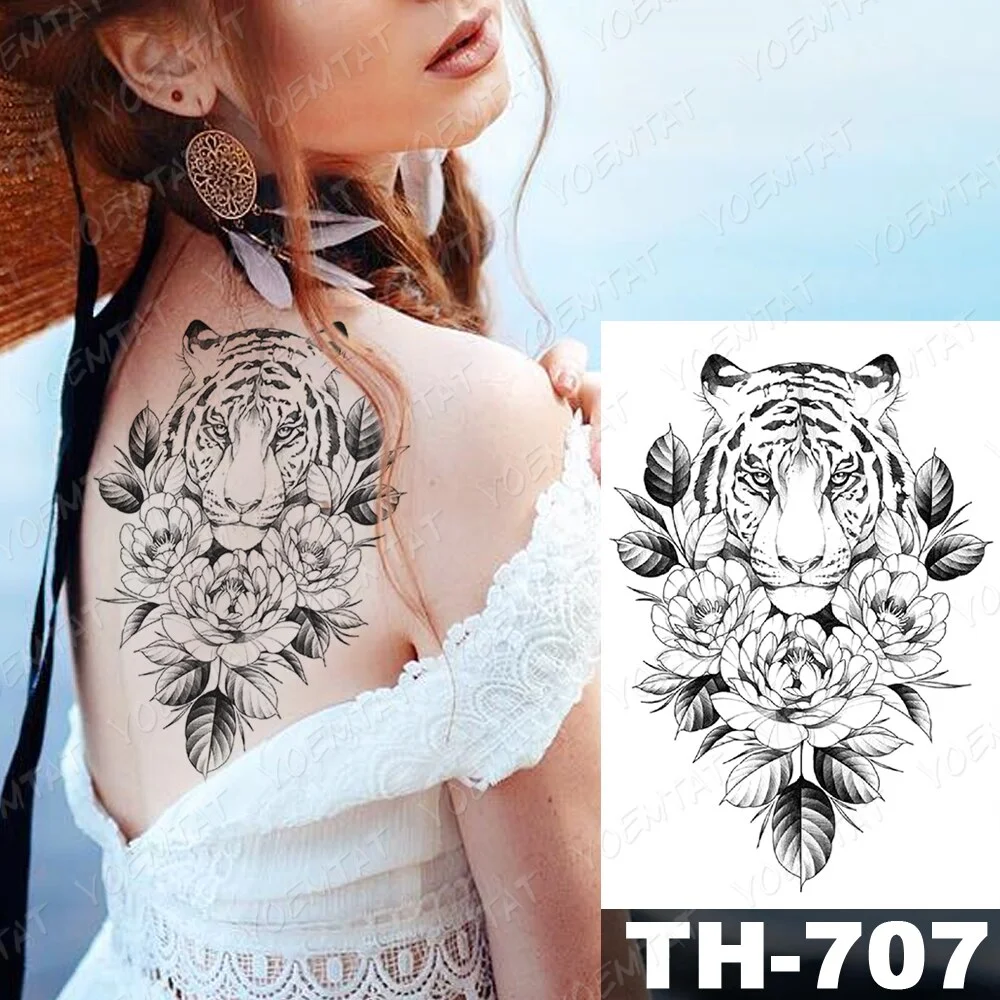 Sdrawing Temporary Tattoo Stickers Wolf Tiger Leopard Lion Moon Feather Star Flash Tattoos Female Back Body Art Fake Tatoo