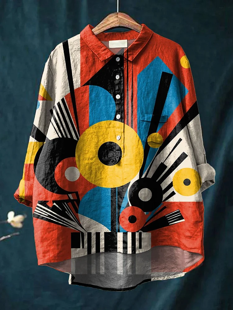Vintage Geometric Pattern Art Print Casual Cotton And Linen Shirt